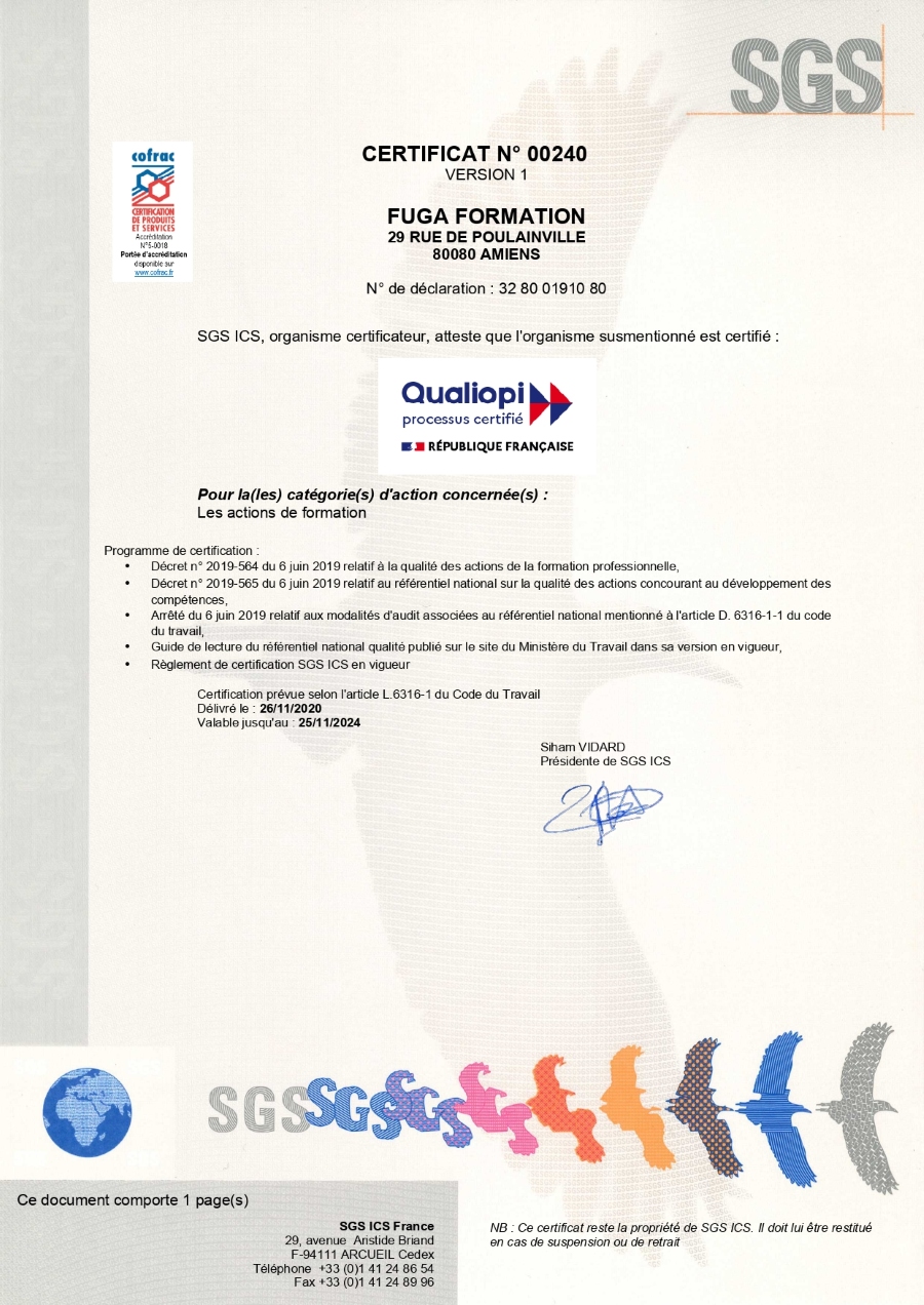 Certificat QUALIOPI FUGAFORMATION